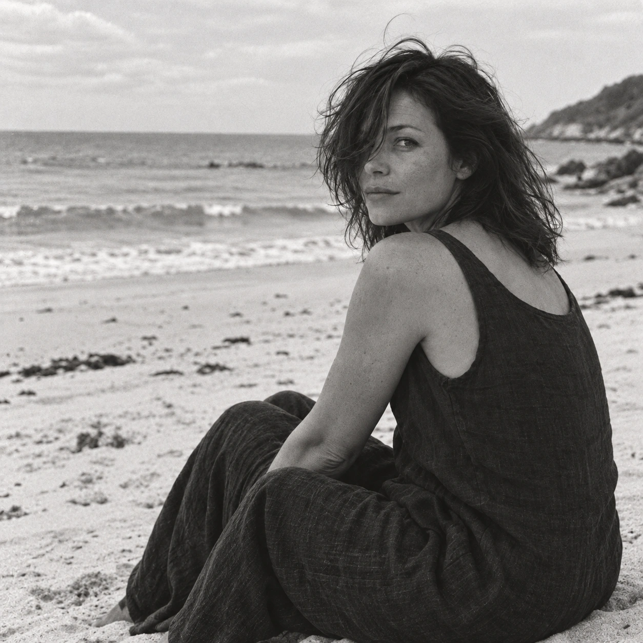 Figura illustrativa sulla spiaggia, con capelli mossi dal vento. Immagine generata con AI.